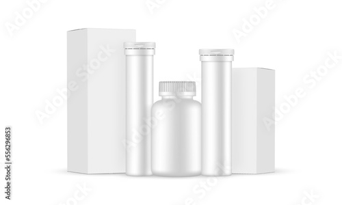 Tubes for Effervescent Tablets, Pills Jar, Packaging Boxes, Isolated on White Background. Vector Illustration