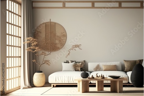 Home interior in japanese style, wall mockup in living room background. Digit...