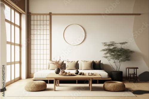 Home interior in japanese style, wall mockup in living room background. Digital illustration. Generative AI photo