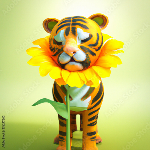 Tiger cub with round face wears a sunflower like a collar around its neck. Generative AI. 3D render. photo