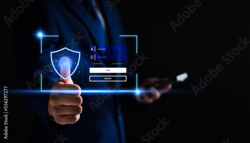 cyber security concept. user privacy security and encryption, secure internet access Future technology and cybernetics, screen padlock, biotic login technology fingerprint scanning. privacy protection