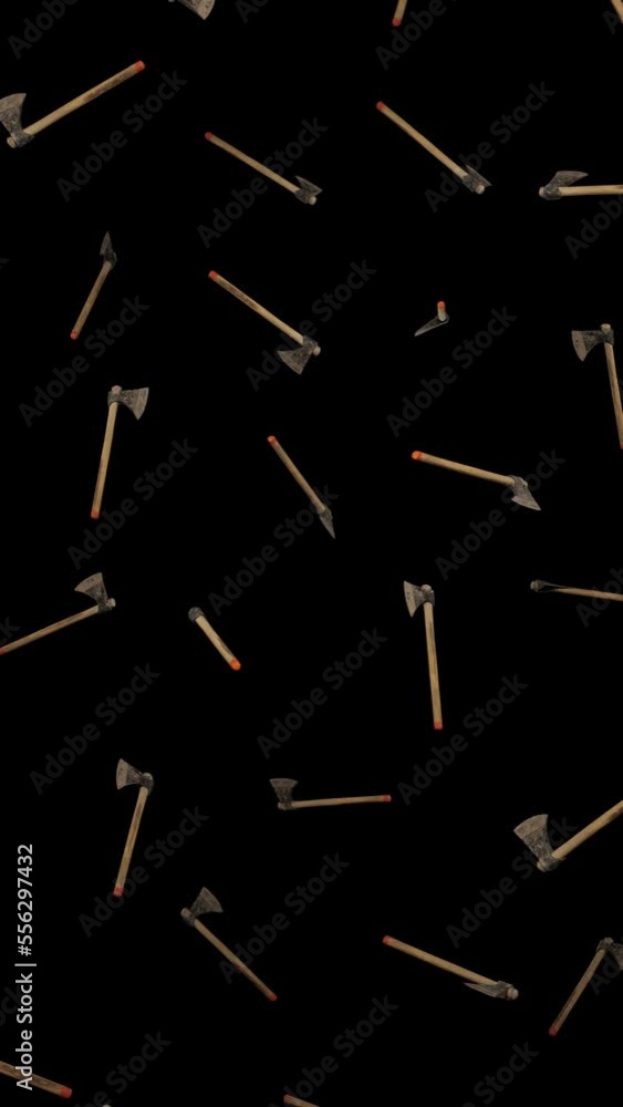 Vertically composed looping animation featuring a cloud of Axes floating in place on an alpha transparent background. Vertically composed looping animation featuring a cloud of Axes floating in place on an alpha transparent background.