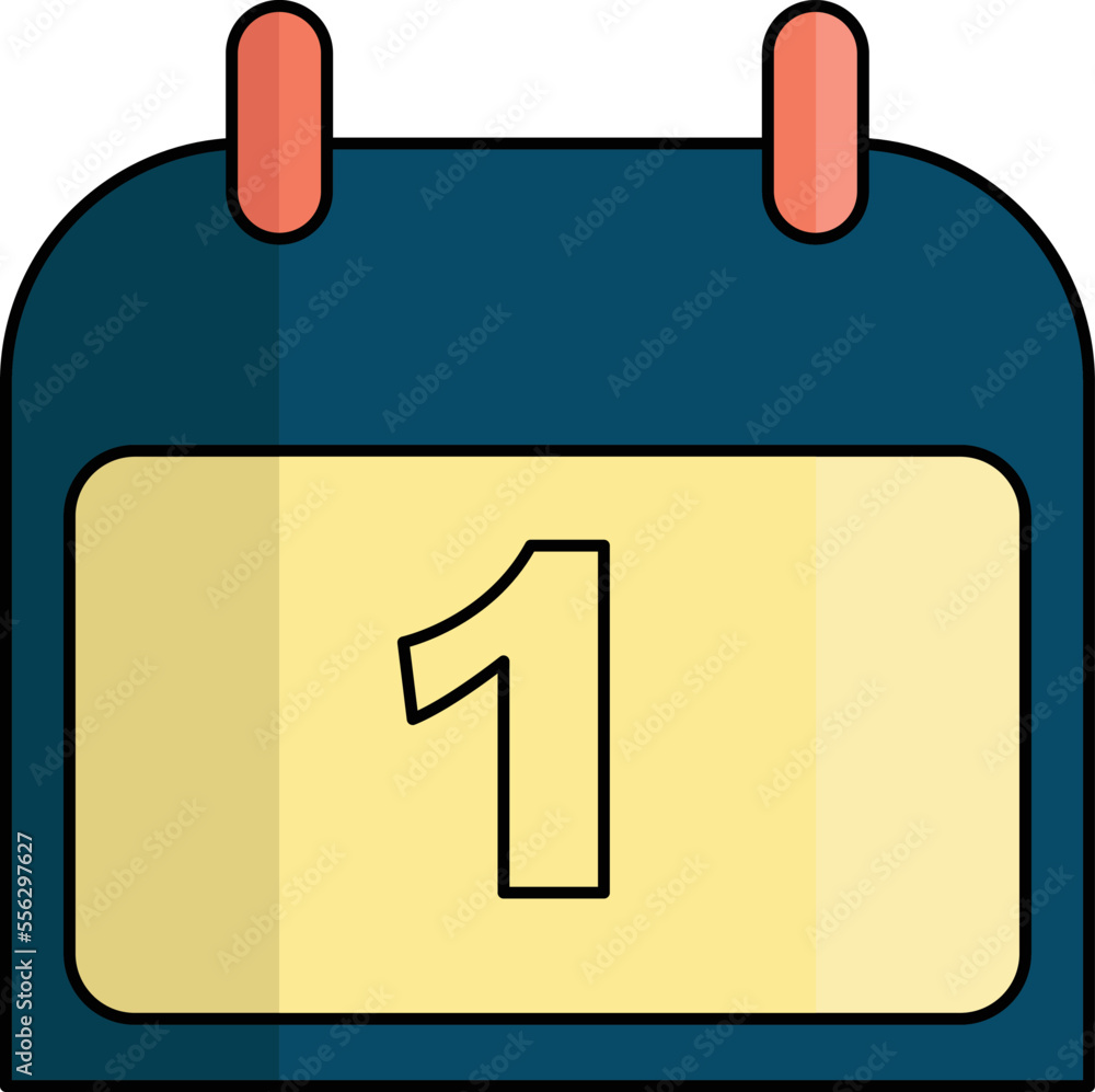 The calendar is blue and has the number 1 The calendar is blue and has the number 1
