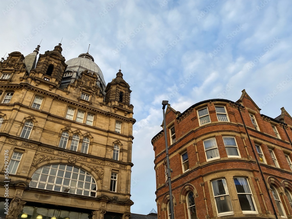 Facades of buildings in the city center, Leeds, England