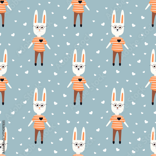 Vector Seamless Romantic Pattern with Cute Rabbits and Hearts on a blue background. A White Hare with Glasses and a Striped T-Shirt. Cute Design for Wrapping Paper, Postcards, Textiles and Fabric.