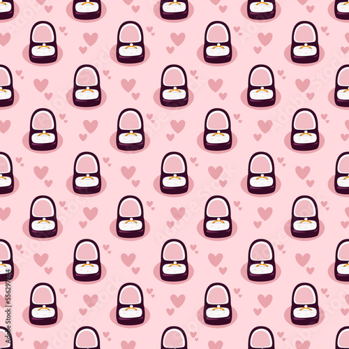 Vector Seamless Pattern With A Ring in A Box For An Engagement Proposal and Hearts. Romantic Print for Anniversary, Valentine's Day, Wedding. Cartoon Background.