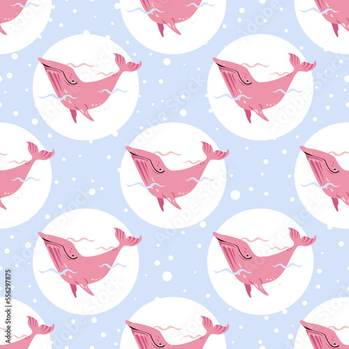 Vector Seamless Pattern with Hand-Drawn Cartoon Cute Pink Whales, Waves and Bubbles on a blue background. Print with Ocean Animals, Trendy Wallpaper, Unusual Children's Design.