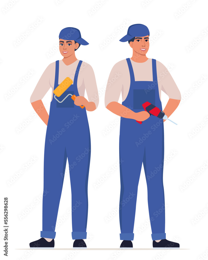Repairman or mechanic man and woman painter. Collection of professional repair tools. Man and woman characters in uniform. Vector illustration.
