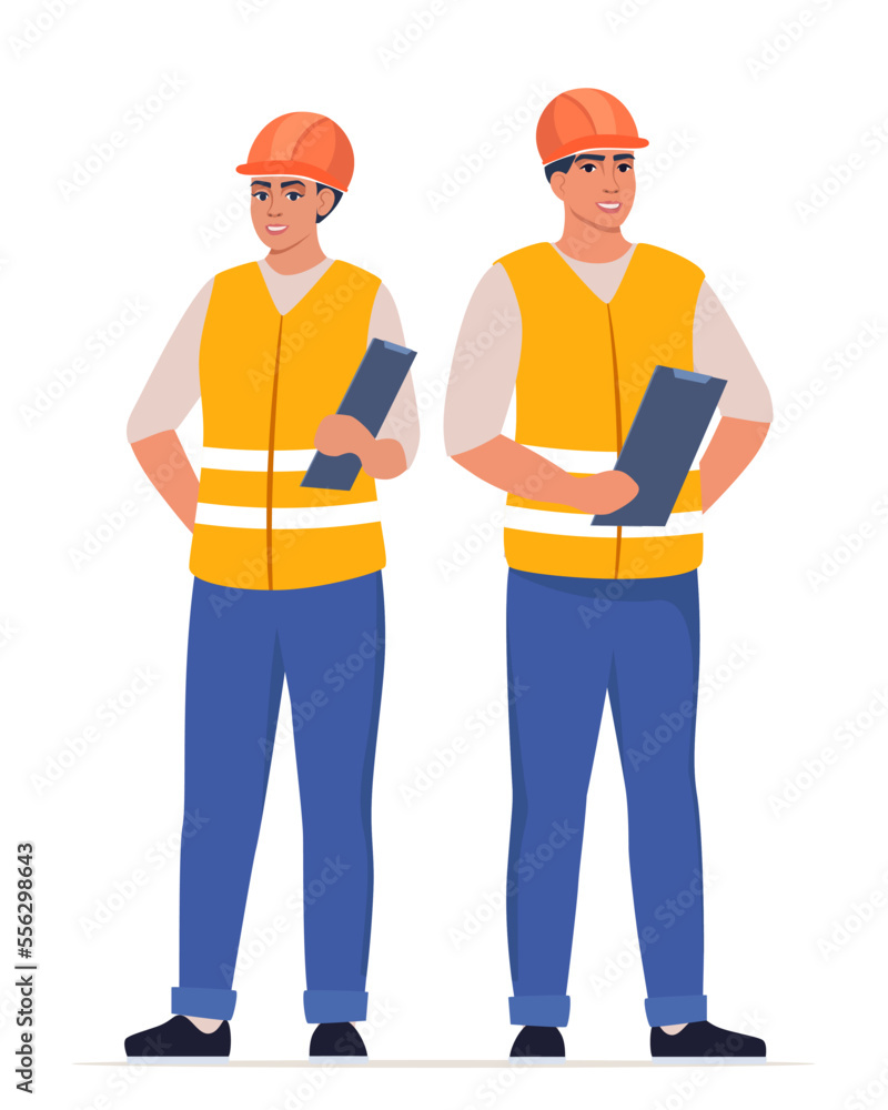 Man and woman engineer. Construction Workers in uniform and orange protective helmet, holding clipboard with checklist. Head of construction works. Vector illustration. Man and woman engineer. Construction Workers in uniform and orange protective helmet, holding clipboard with checklist. Head of construction works. Vector illustration.