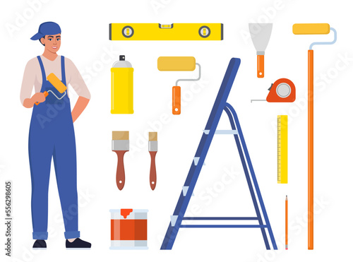 Woman painter in uniform with paint roller. Set of painting tools, brush, roller. Decorator job, interior renovation service. Vector illustration.