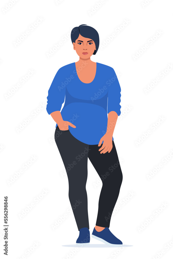 Body positive woman. Plus size female character. Attractive curvy, overweight girl. Oversize obesity, pretty large lady in beautiful fashionable clothes. Vector illustration. Body positive woman. Plus size female character. Attractive curvy, overweight girl. Oversize obesity, pretty large lady in beautiful fashionable clothes. Vector illustration.