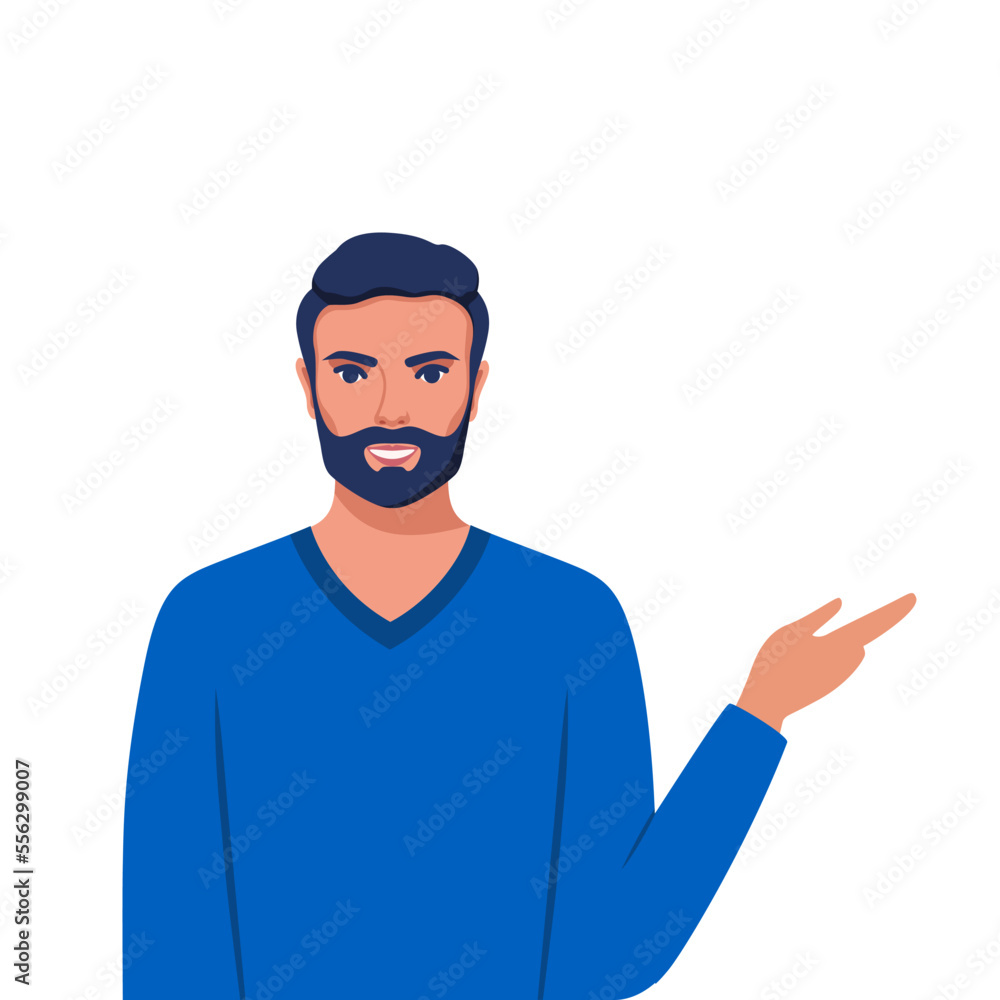 Happy man points to something. Character for advertisement. Guy shows a direction with a hand. Vector illustration in cartoon style. Happy man points to something. Character for advertisement. Guy shows a direction with a hand. Vector illustration in cartoon style.