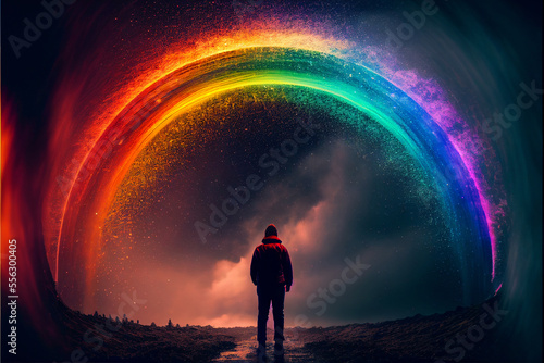 person standing in front of a rainbow, representing hope and the possibility of a brighter future, REALISTIC (AI Generated)