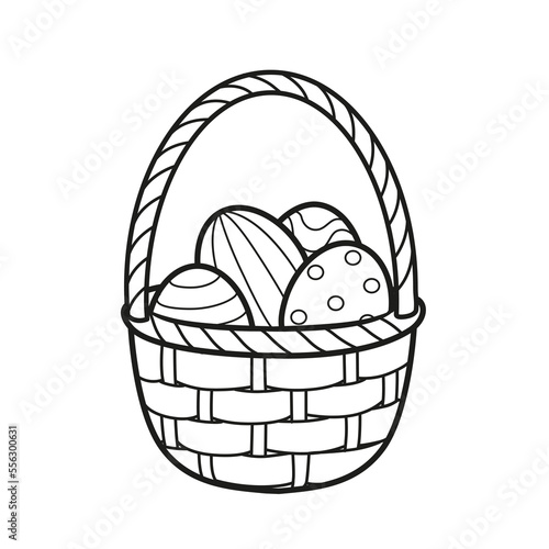 Basket with Easter eggs outlined for coloring on a white background