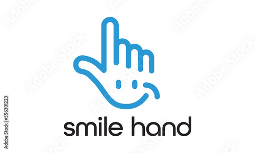 finger hand touch and smile logo design vector template. touchscreen digital technology concept icon.