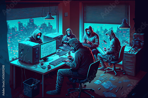 Dangerous hacker operating from his apartment, committing online crimes with his team. Generative AI photo