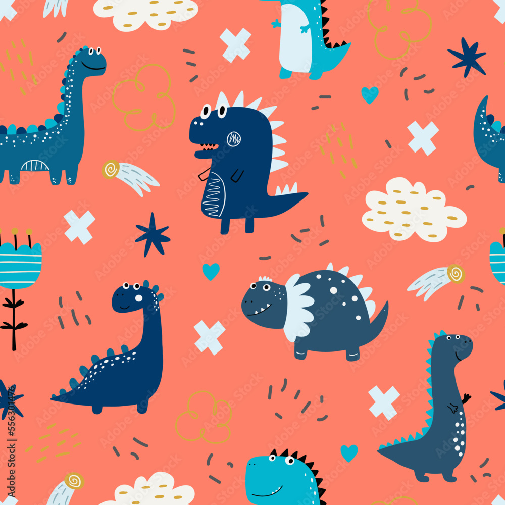 Fototapeta premium Baby pattern with dinosaurs. Vector hand-drawn colored seamless repeating baby pattern with cute dinosaurs, letters in Scandinavian style. Cute baby animals.