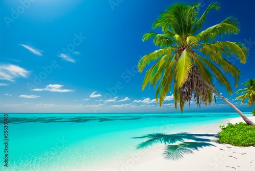 Palm trees against blue sky  tropical coast with mountains on a background  ocean  sea with turquoise water. Summertime.