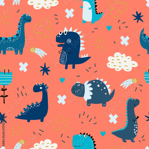 Baby pattern with dinosaurs. Vector hand-drawn colored seamless repeating baby pattern with cute dinosaurs  letters in Scandinavian style. Cute baby animals.