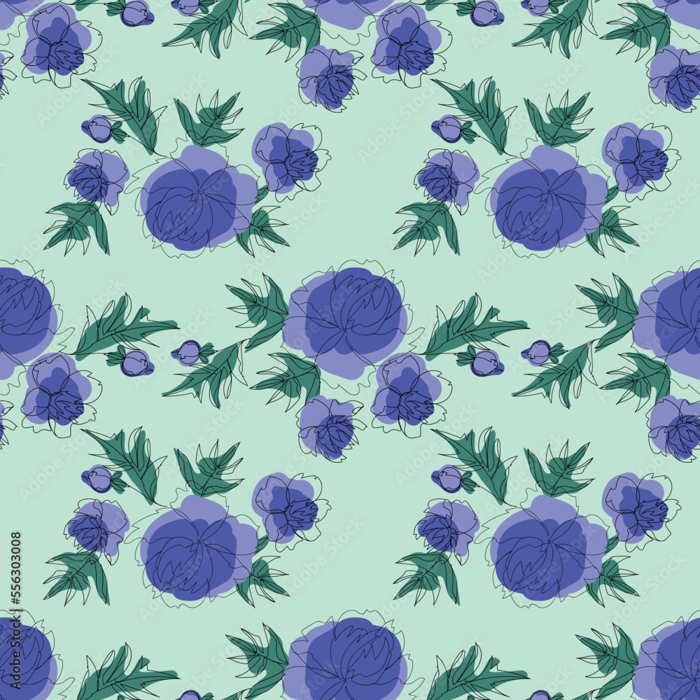 Floral seamless pattern with blue peonies. Hand drawn style isolated on white background Floral seamless pattern with blue peonies. Hand drawn style isolated on white background