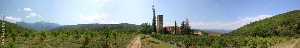 Apple plantation fields at the romanesque monastery of St Michel de Cuxa with Pic du Canigou mountain in the background, Pyrénées-Orientales in France Apple plantation fields at the romanesque monastery of St Michel de Cuxa with Pic du Canigou mountain in the background, Pyrénées-Orientales in France