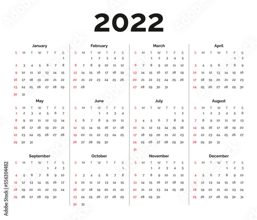 Calendar year of 2022 with Sundays in red.