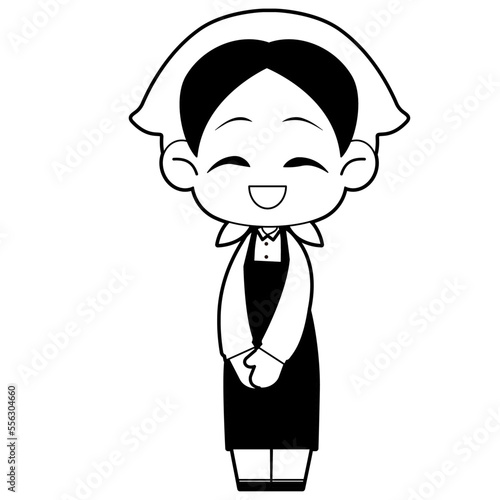 かわいい飲食店店員女性のイラスト素材　白黒