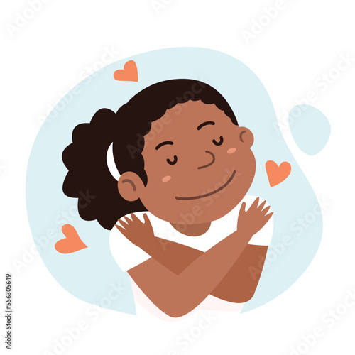 Happy girl hugging herself with heart icons, self-care,Self love