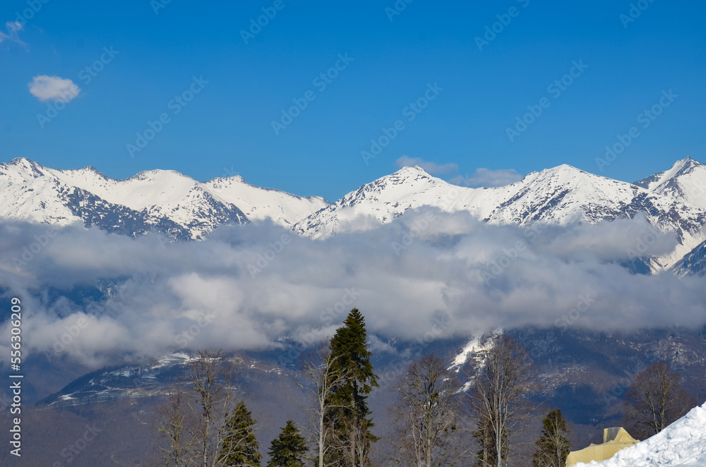 Snowy winter landscape of a ski resort,panoramic view