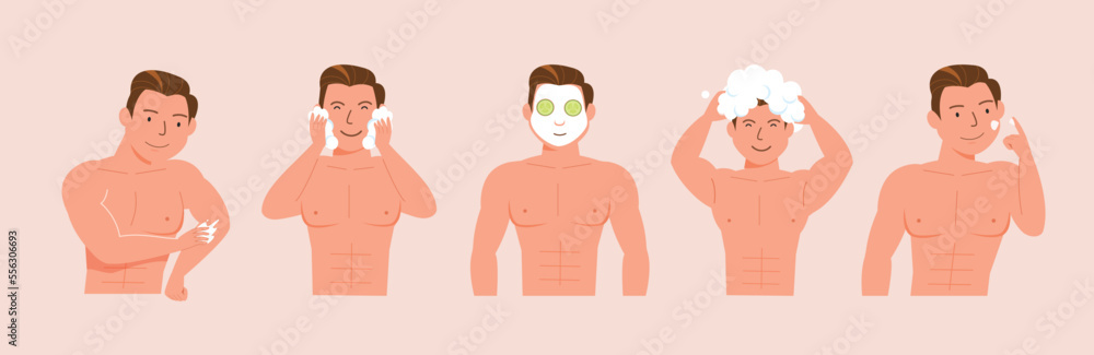 Fototapeta premium a man taking care his face and hair various actions,routine, facial, treatment, beauty, healthy, hygiene, lifestyle, vector illustration set