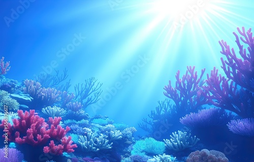 Photo underwater scene with coral reef and fishes