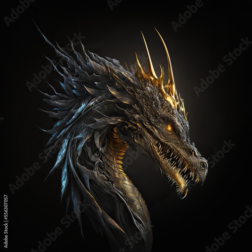 Dragon portrait against the black background. Fantasy concept. Generative ai.  © FantasyEmporium