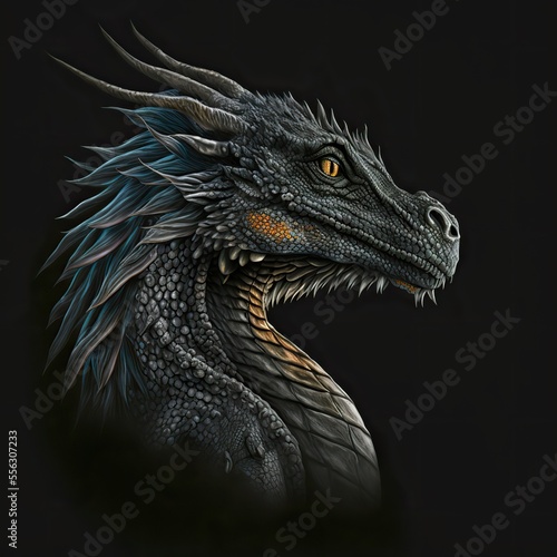 Dragon portrait against the black background. Fantasy concept. Generative ai. 