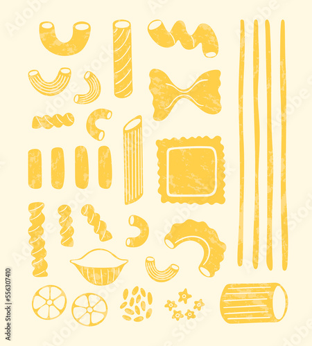 Big set of Italian pasta. Different types of Italian pasta. Spaghetti, Farfalle, penne, rigatoni, ravioli, fusilli,conchiglie, elbows, rotelle, orzo, paccheri illustration.