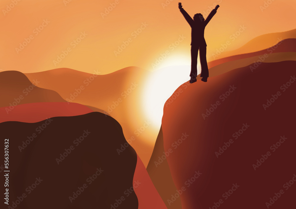 illustration of the concept of effort to achieve success. Concept of life trials. Business, work or life difficulties with an office man pushing a large stone up a mountain. Man jumping into the void.