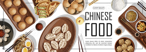 Template flyer design for shop, restaurant, cafe, promotion, advertising. Vector illustration of Chinese food and copy-space isolated on white. Banner, poster, coupon, sale, cover, brochure concept.