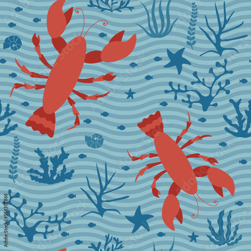 Seamless marine life pattern. Lobsters crabs seaweed coral shells