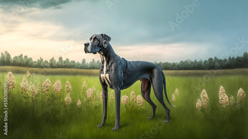 A majestic great Dane dog is standing tall and proud in a field of grass and flowers, with a forest and sky background, Generative AI. photo