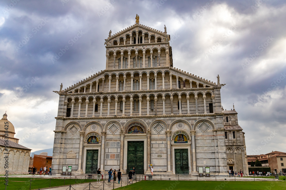 Pisa, Italy - October 24, 2022, The Campo Santo in Pisa with the Cathedral and the Leaning Tower