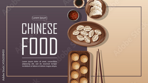 Template banner design for shop, restaurant, cafe, promotion, advertising. Vector illustration of Chinese food and copy-space isolated on purple. Flyer, poster, coupon, sale, cover, brochure concept.
