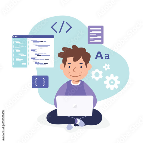 a boy with computer laptop learn coding vector illustration