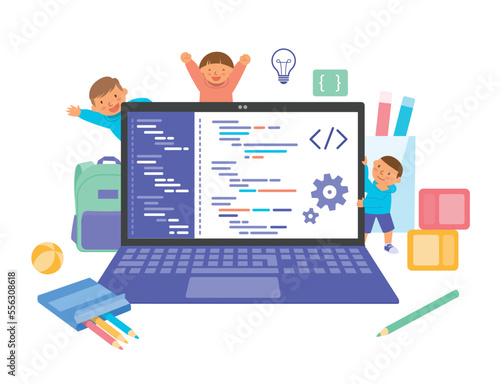children with laptop , kids coding concept vector illustration