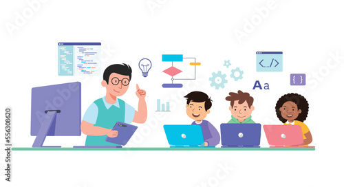 kids learn coding with male teacher vector illustration
