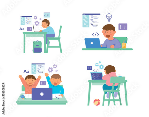 set of kids with computer laptop learn coding vector illustration
