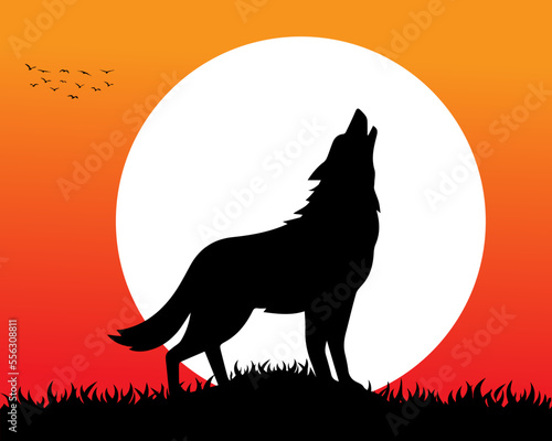 Landscape background with wolf howling at the moon