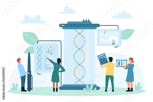Genetic research in laboratory vector illustration. Cartoon tiny scientists with pen, calculator and creative chart presentation making DNA analysis and science experiment, engineering process