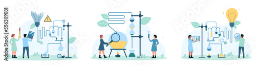 Chemistry, laboratory research set vector illustration. Cartoon tiny people work with scientific equipment, lab test tube and chemical reagents for analysis, science experiment and reaction analyzing