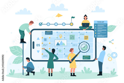 Business project planning online, strategy of time management vector illustration. Cartoon tiny people holding magnifying glass to plan and check daily events, appointments in planner app, to do list