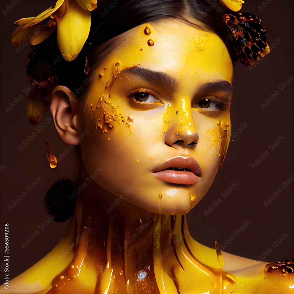 A woman covered in bee honey. The delicious honey drips down a young