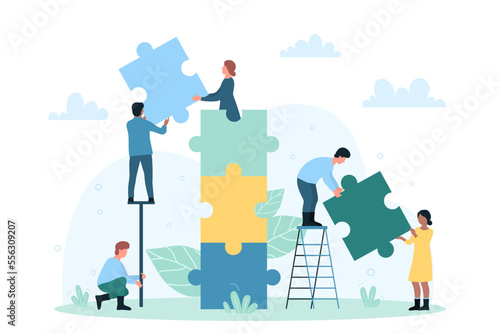 Team of tiny volunteers holding puzzle pieces with hearts and help word in hands, people connect jigsaw flat vector illustration. Charity process, social organization. Love, tolerance, hope concept.